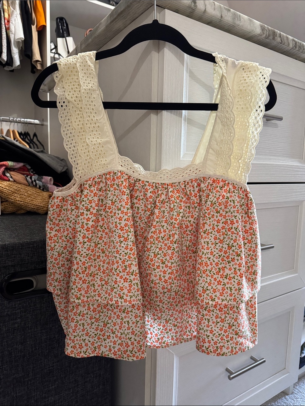 Lush Cream Eyelet Strap Floral Camisole with Coral Print